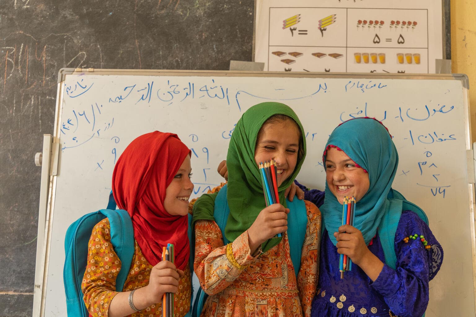 Flickor i klassrum - ryggsäck och pennor - Afghanistan 2025